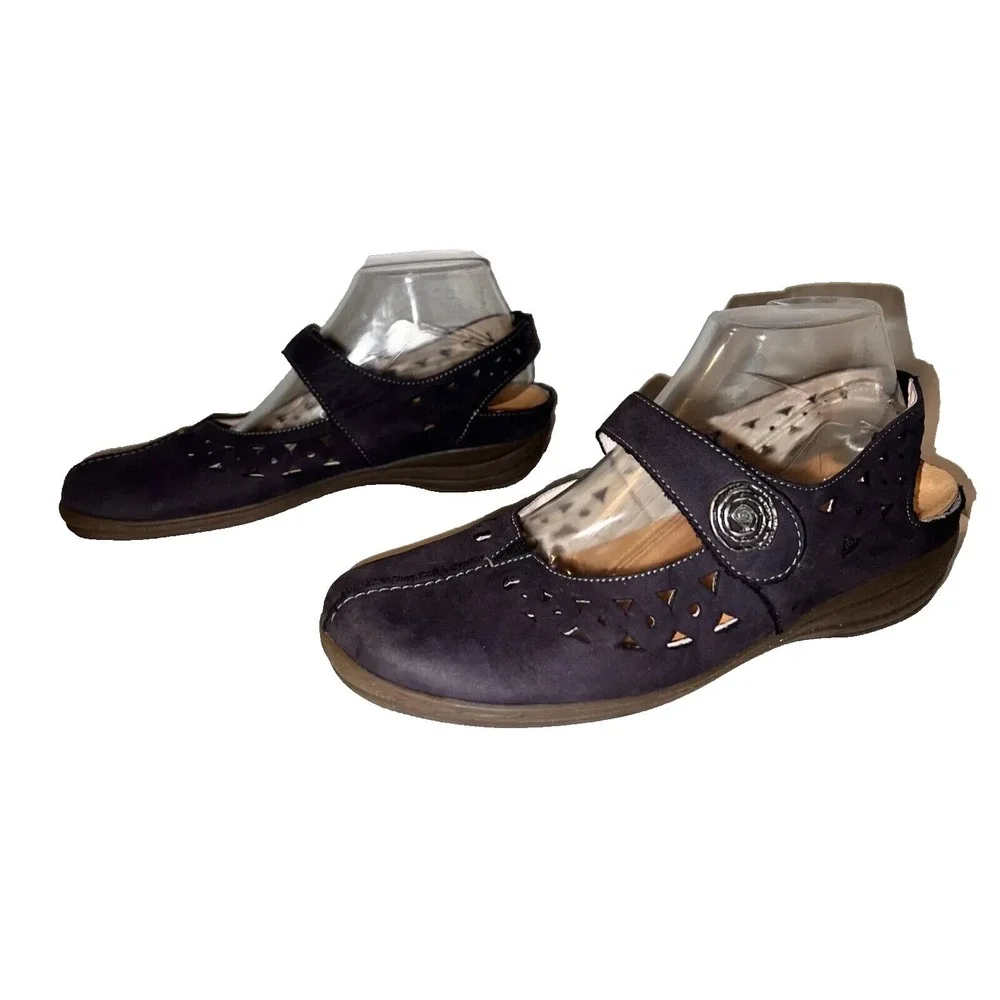 Ara Blue Nubuck Leather Laser Cut Mary Jane Slingback Shoes Womens Size 8.5